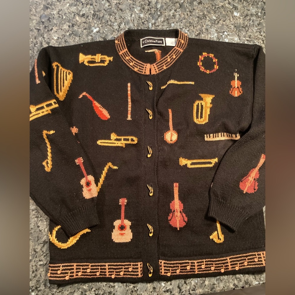 Christine Foley Vintage Musical Instrument Sweater Cardigan